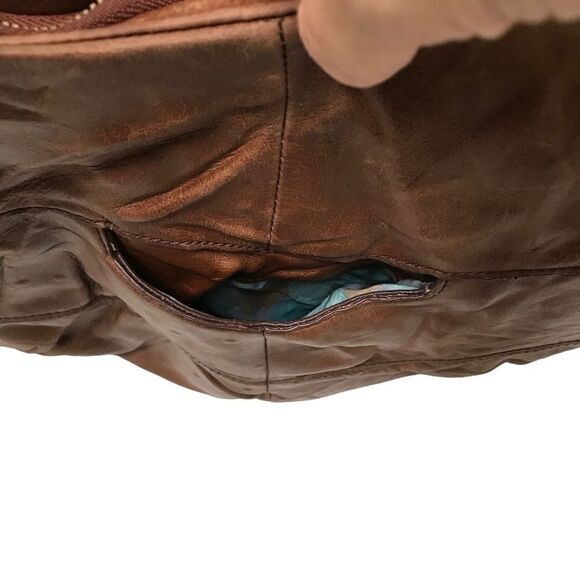 Hobo International Brand Camel Leather Shoulder Bag with Blue Floral Liner - Picture 11 of 13